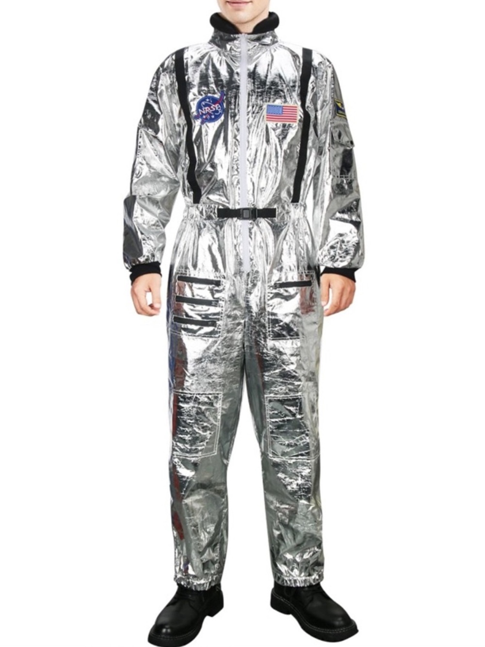 NWOT Silver Metallic Astronaut Jumpsuit Costume with Patches